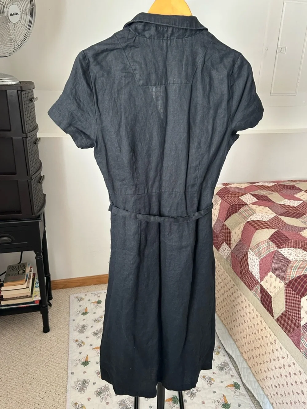 Quince 100% Linen Button Front Short Sleeve Midi Dress Black